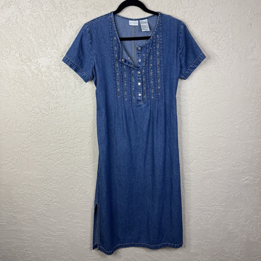 VTG White Stag Denim Midi Dress Women S Embroidered Pleated Cottage Western Boho